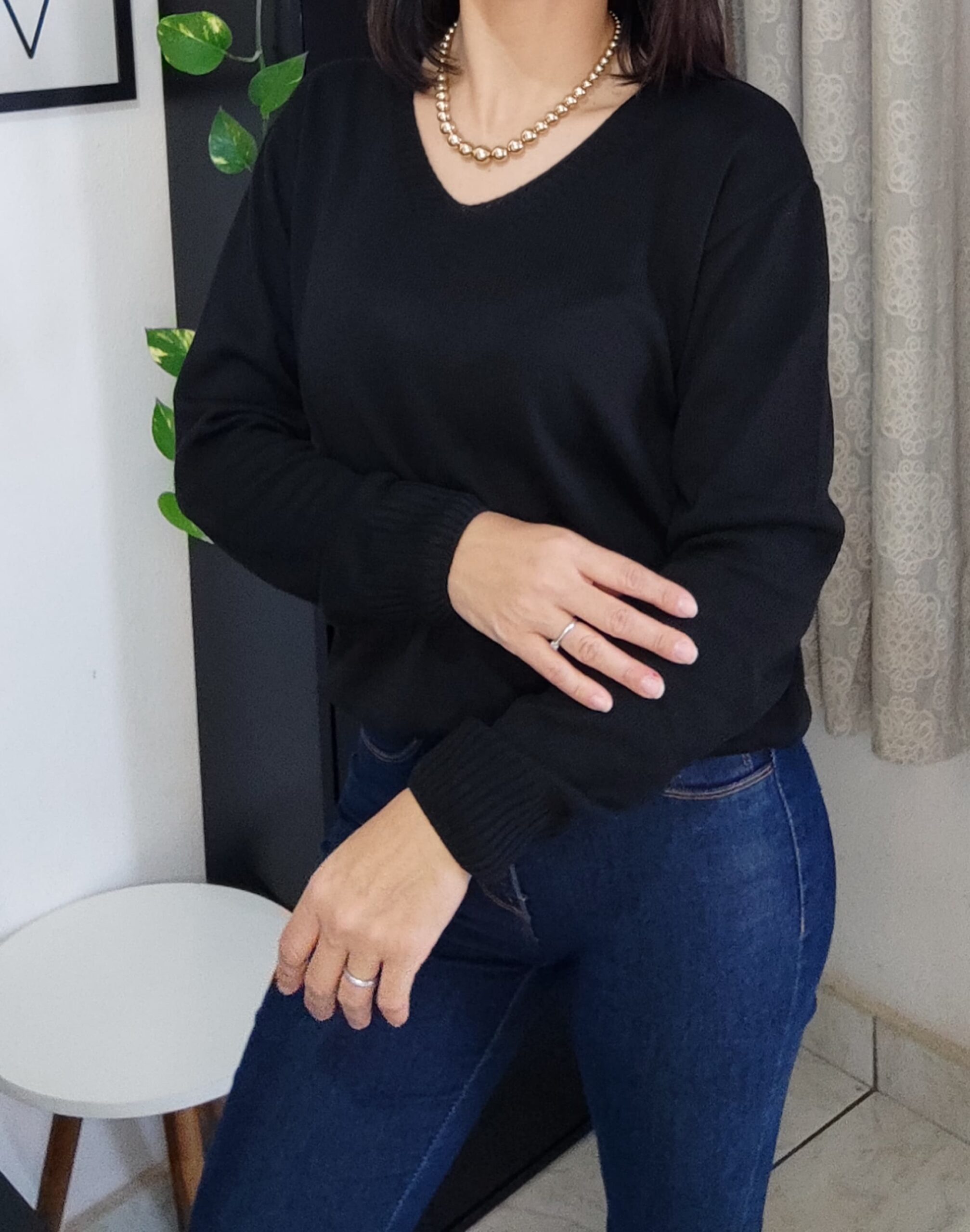Blusa tricô Básica – Decote V e Manga Longa (G)